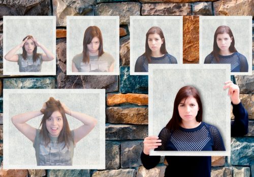 woman using a collage to demonstrate body language
